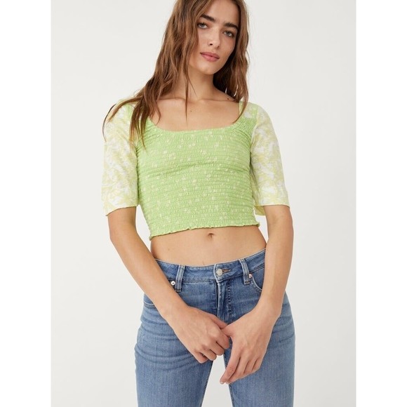 NWT✨Free People 🦋 Marigold Smocked Tee Blouse Key Lime Green Combo Floral XL - Picture 3 of 9
